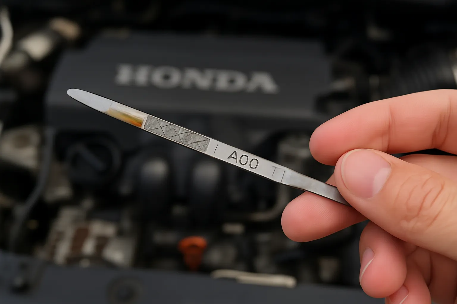 Engine oil dipstick showing oil level below the minimum mark, indicating oil consumption.