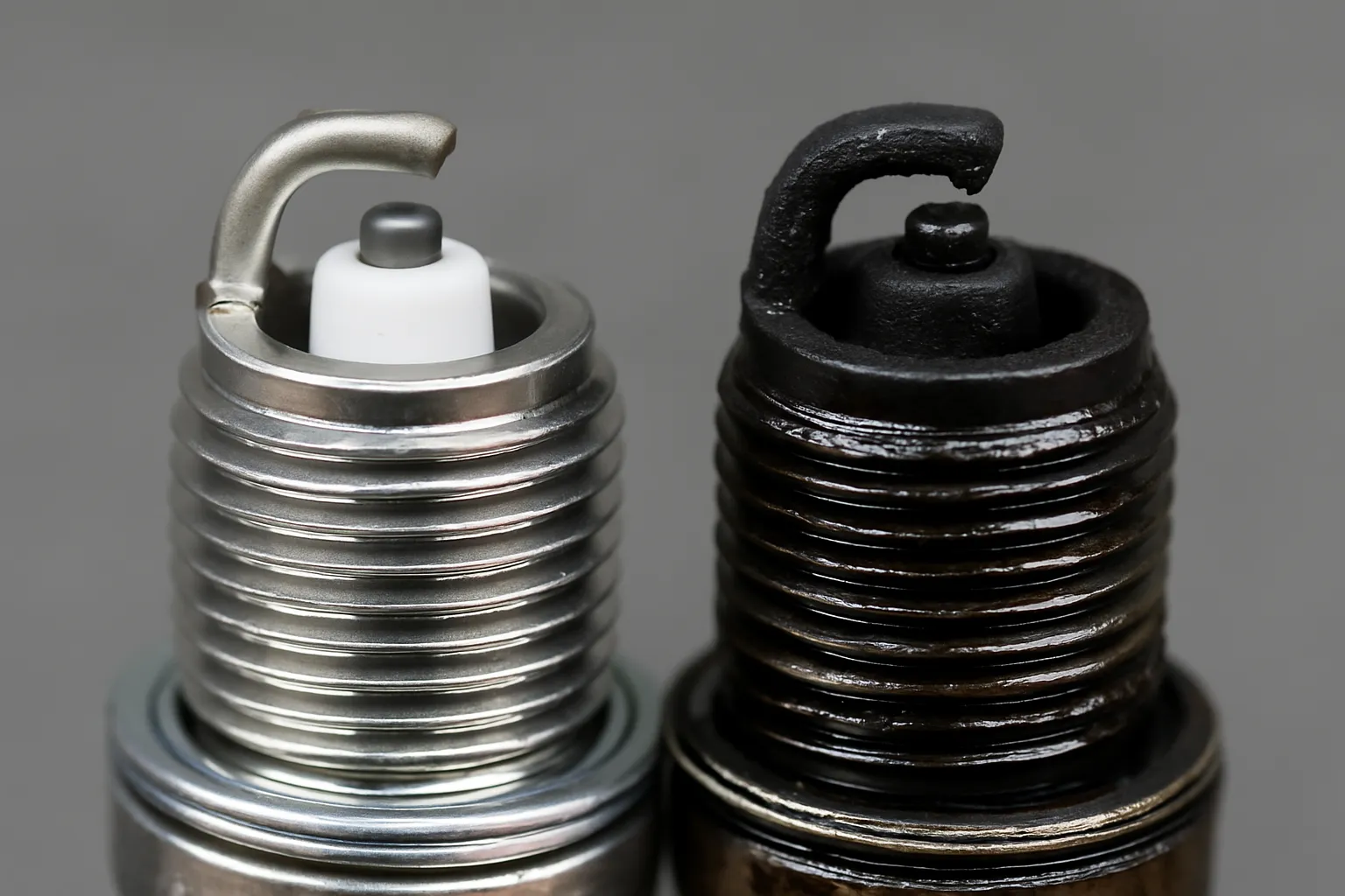 Comparison of a clean spark plug and one fouled with black, oily deposits from a Honda engine.