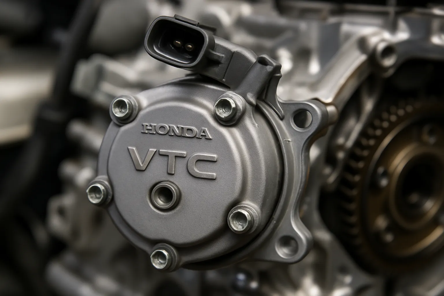 Close-up photograph of a Honda K-series VTC actuator mounted on the intake camshaft.