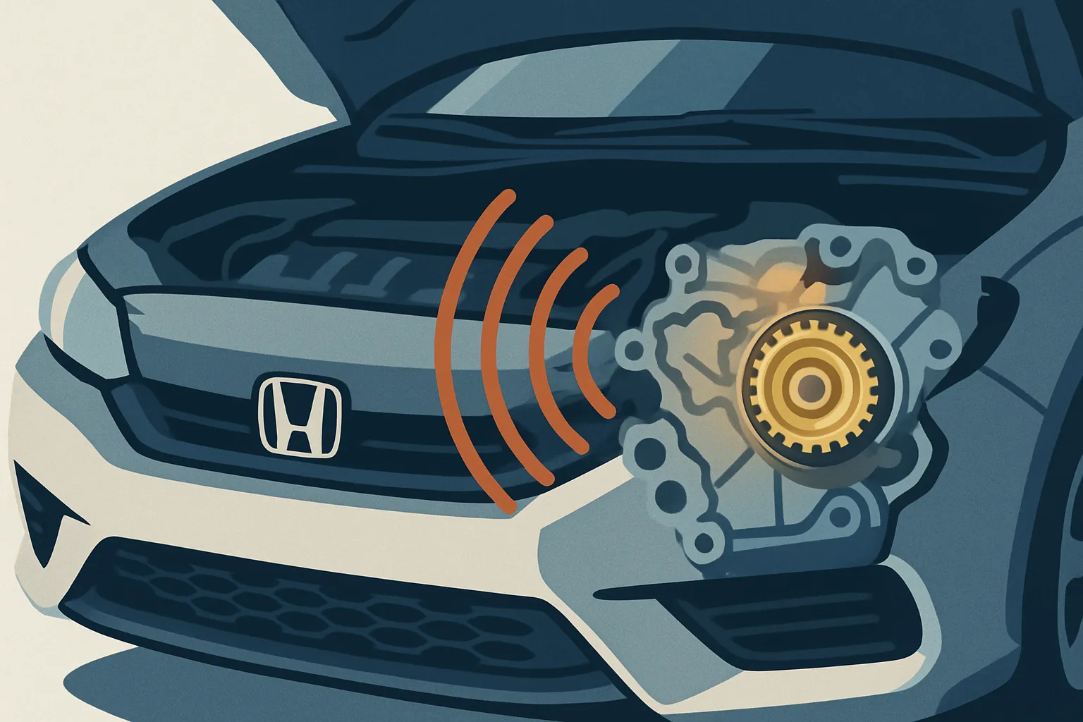 Stylized illustration showing sound waves emanating from a VTC actuator during cold start, representing the rattle noise.