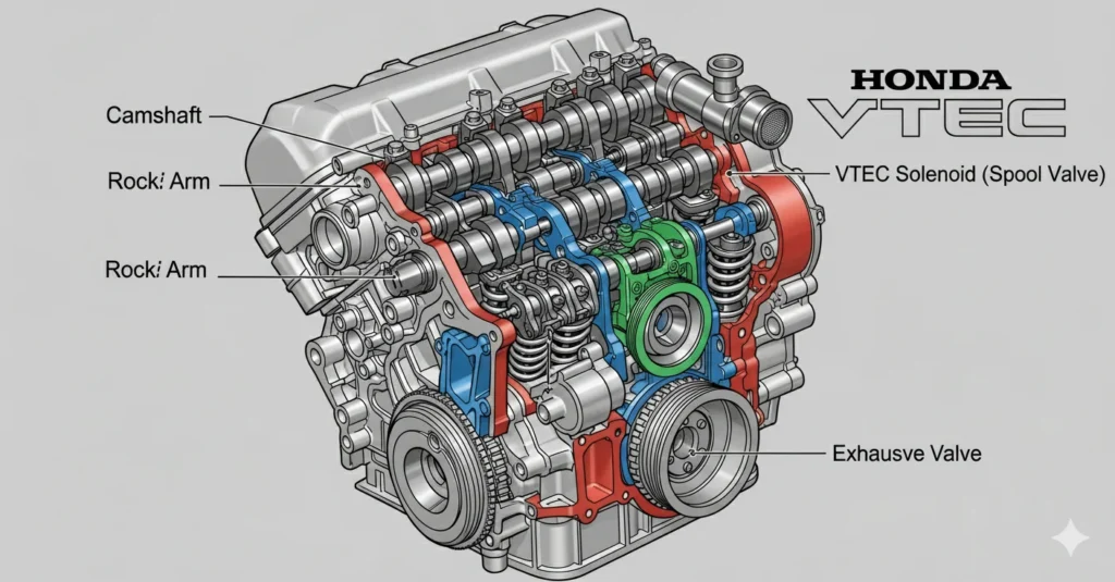 Technical diagram illustrating Honda VTEC components like camshafts and rocker arms vtec engine diagram