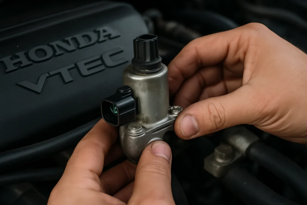 Close-up photograph of a Honda VTEC solenoid assembly vtec solenoid